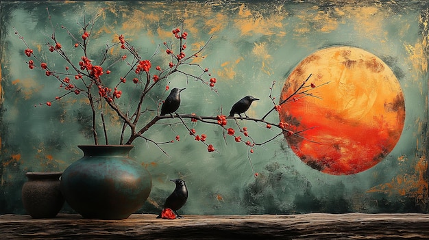 a painting of two birds on a tree with a painting of a sunset in the background