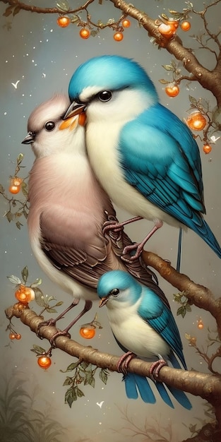 A painting of two birds with blue and white feathers.