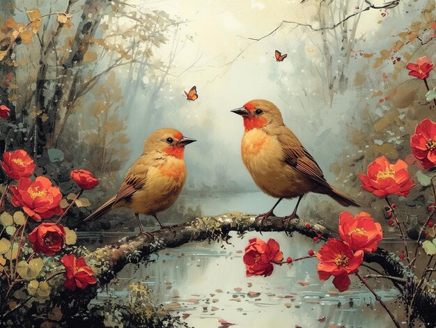 a painting of two birds with butterflies on the branches