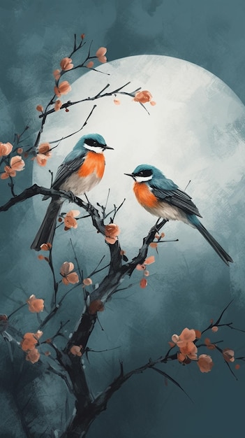 A painting of two birds with pink flowers on the branches.