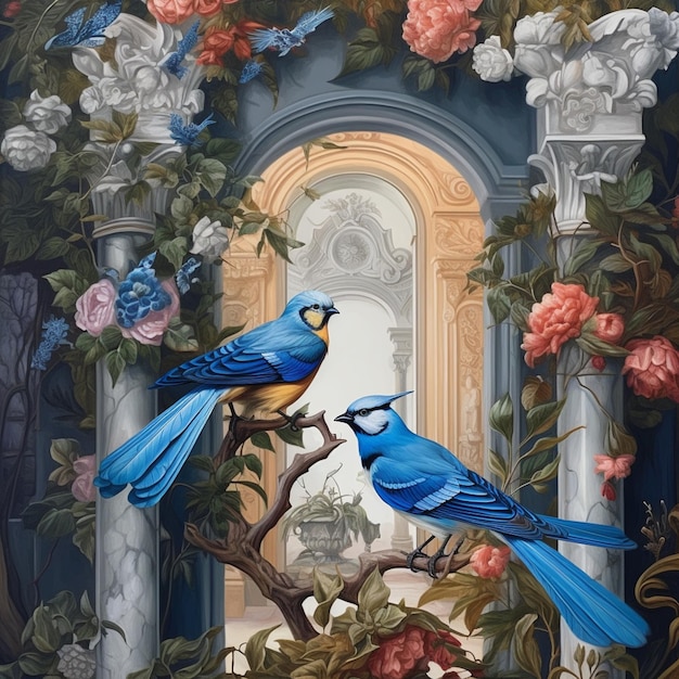 Painting of two blue birds sitting on a branch in front of a window generative ai