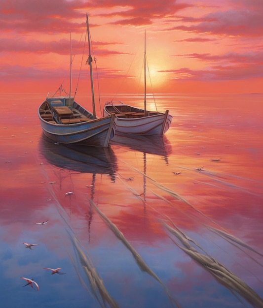 Painting of two boats on the water at sunset with birds flying around generative ai