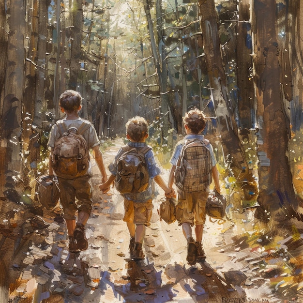 Photo a painting of two boys holding hands and walking in the woods