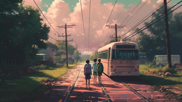 A painting of two boys standing on a street with a train passing by.