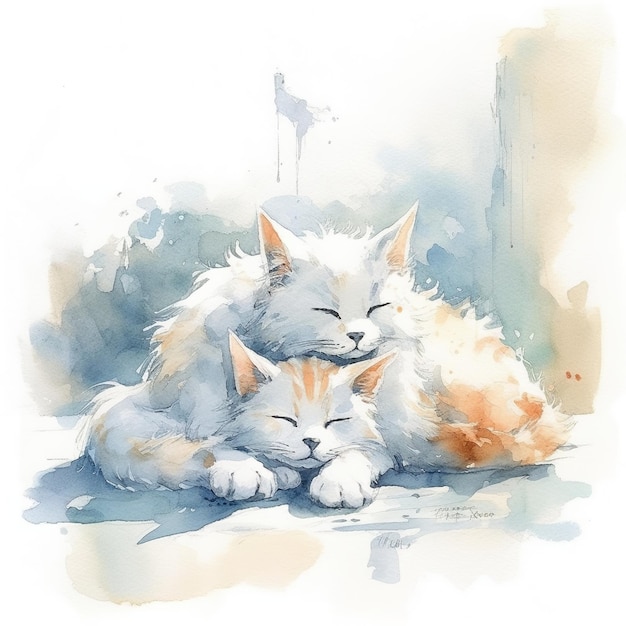 A painting of two cats cuddling on a bench.