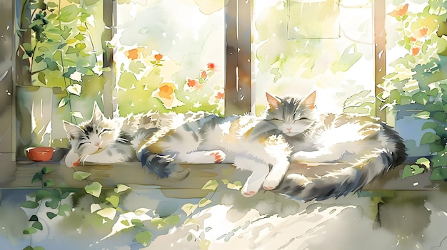 a painting of two cats laying on a window sill