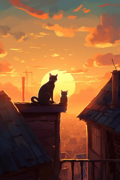 A painting of two cats on a rooftop with the sun setting behind them.