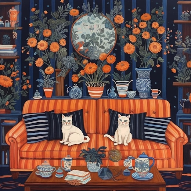 Painting of two cats sitting on a couch in a room with blue and orange walls generative ai