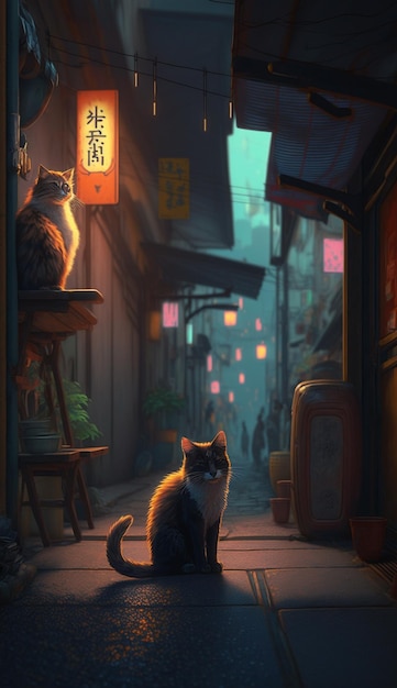 A painting of two cats on a street with a chinese lantern in the background.