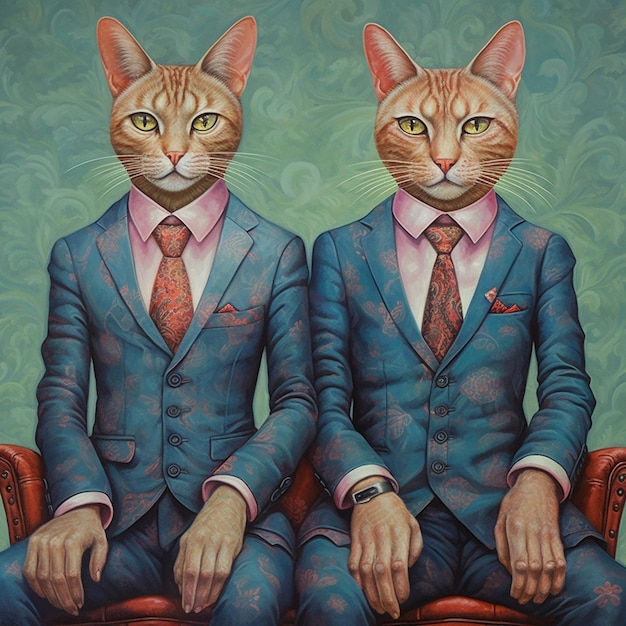 Painting of two cats in suits sitting on a red chair generative ai