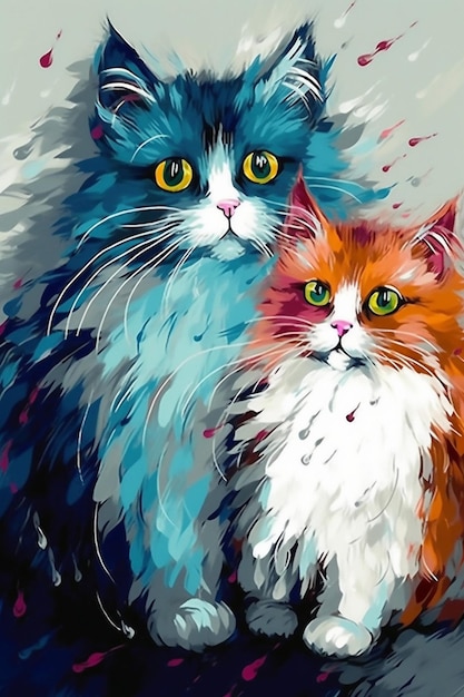 A painting of two cats with blue and white fur.