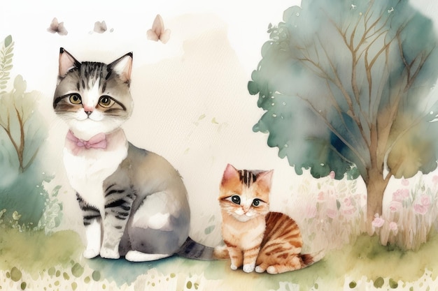 A painting of two cats with a pink bow tie