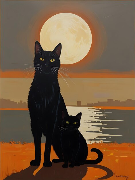 Photo a painting of two cats with a sunset in the background