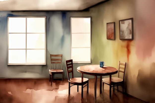 A Painting Of Two Chairs And A Table In A Room