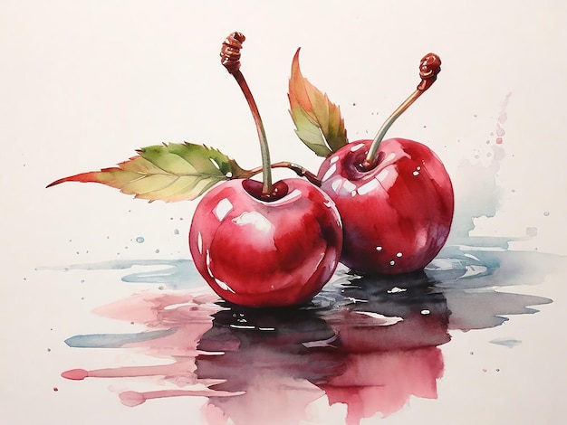 Photo a painting of two cherries with a leaf on the left