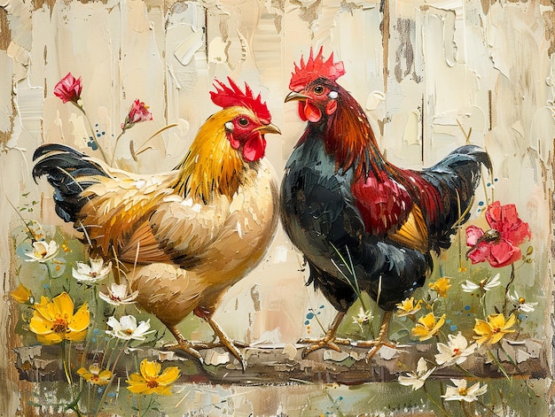 a painting of two chickens and a rooster