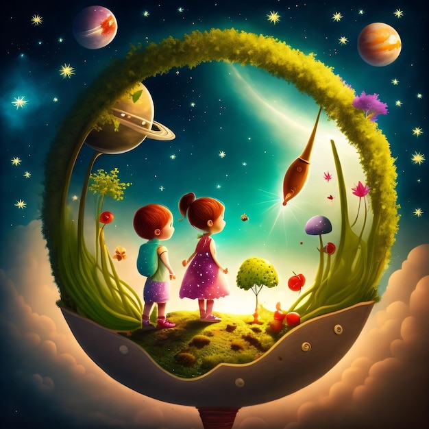 A painting of two children looking at a planet with the sun and stars in the background.