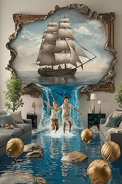 a painting of two children playing in the water with a ship on the bottom