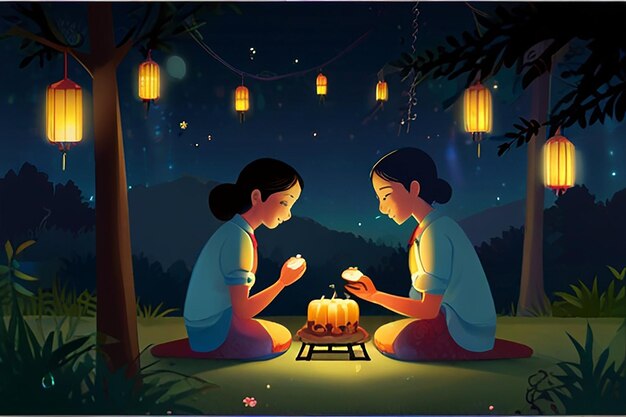 Photo a painting of two children sitting under a lantern with lanterns in the background