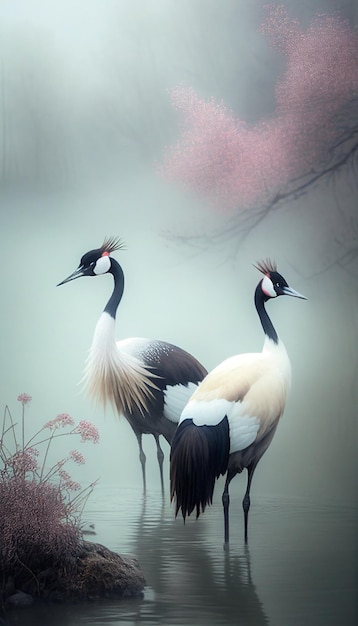 A painting of two cranes with a pink flower in the background.