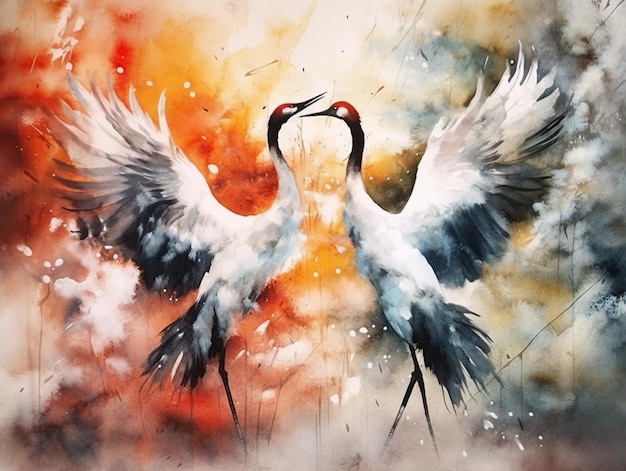 painting of two cranes with their wings spread out in front of a red sky generative ai