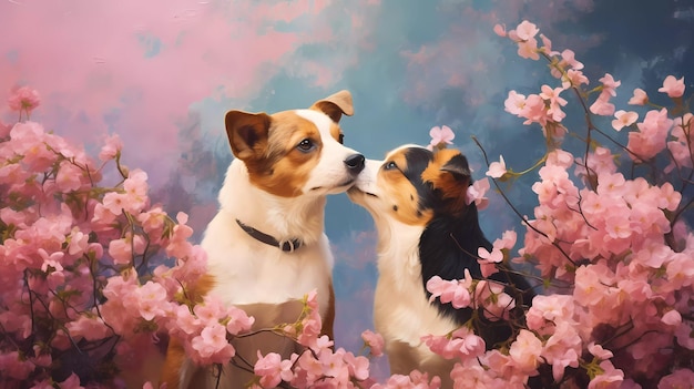 A painting of two dogs kissing in a garden with flowers