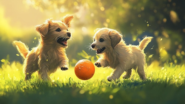 a painting of two dogs playing with a ball and the words quot puppies quot