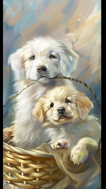 a painting of two dogs with a rope tied to them