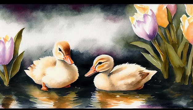 A painting of two ducks by a pond with a purple flower.