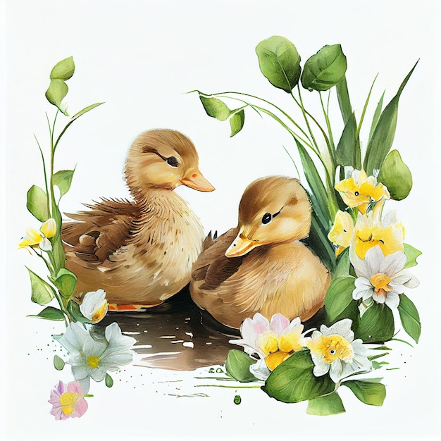 A painting of two ducks in a garden with flowers and grass.