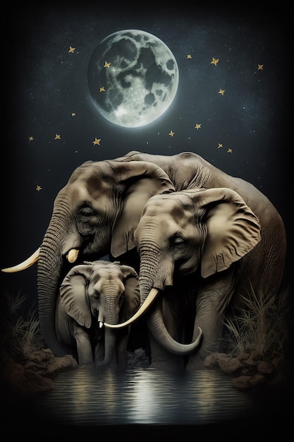 A painting of two elephants with the moon in the background.