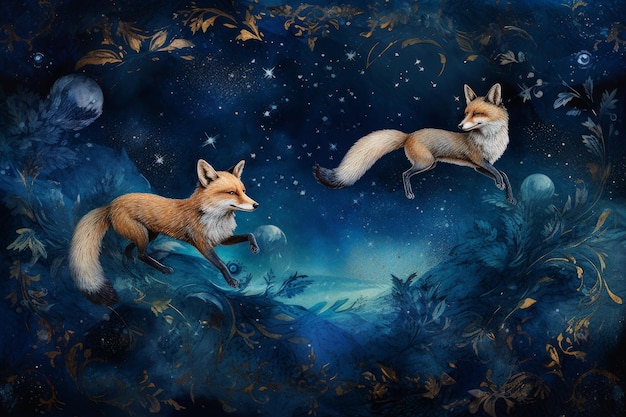 A painting of two foxes flying in the night sky.