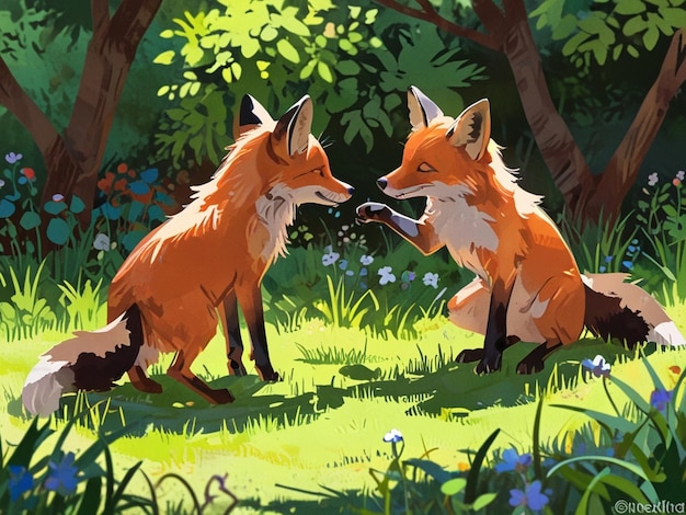 a painting of two foxes in a forest with trees and flowers