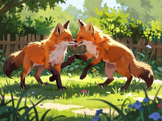 a painting of two foxes in a garden with a fence in the background