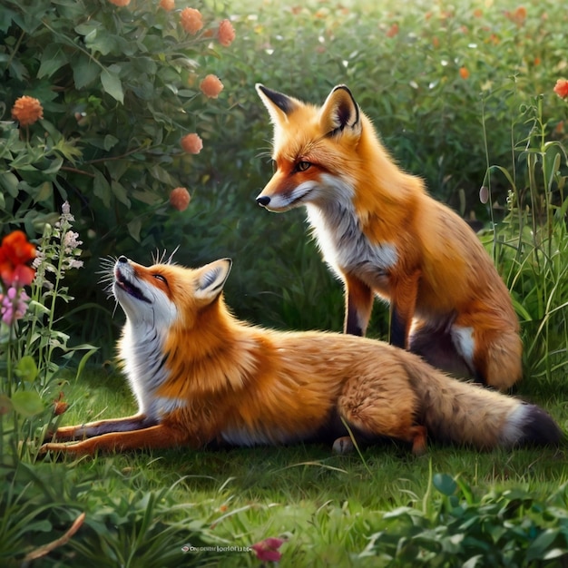 a painting of two foxes in a garden with flowers