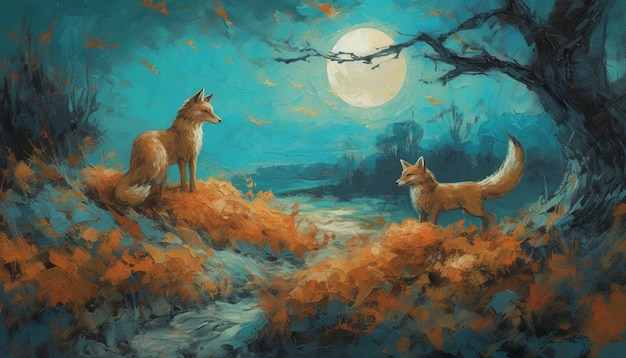 A painting of two foxes in a landscape with the moon in the background.