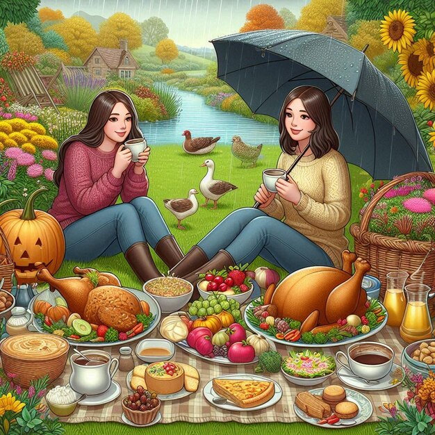 a painting of two girls and a basket of food with a lady holding an umbrella