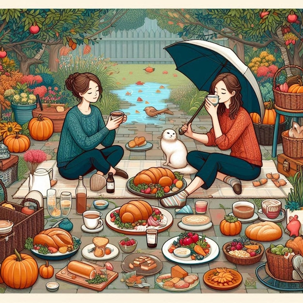 a painting of two girls and a bird with an umbrella