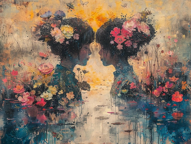 a painting of two girls kissing in the water with flowers in the foreground