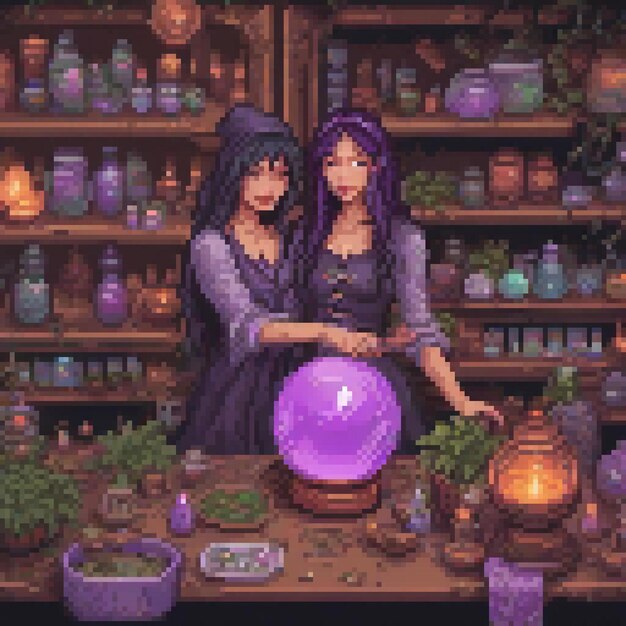 Photo a painting of two girls looking at a globe with a purple ball in the middle