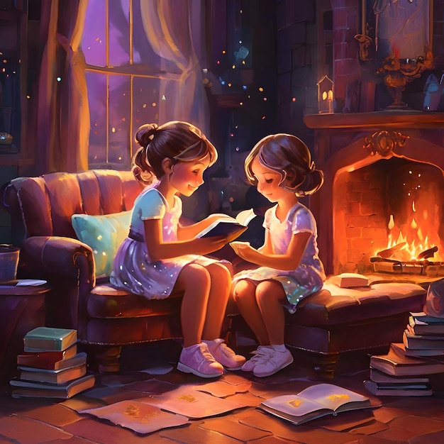 Photo a painting of two girls reading a book by a fireplace