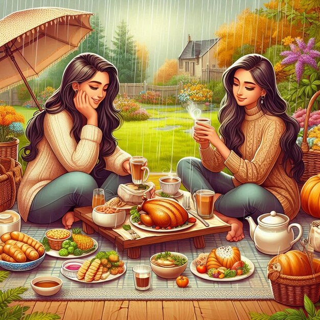 a painting of two girls sitting on a rug with an umbrella over them