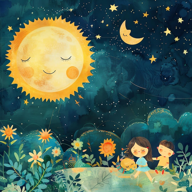 a painting of two girls and a sun with the moon and the stars