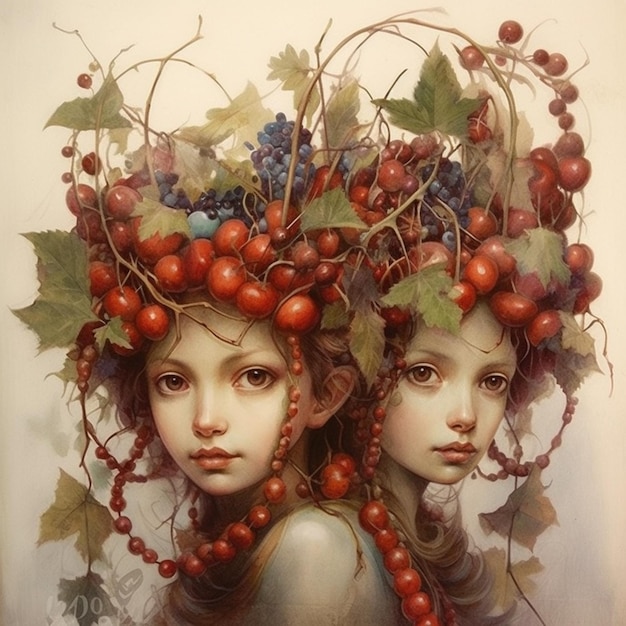 A painting of two girls with berries on their heads