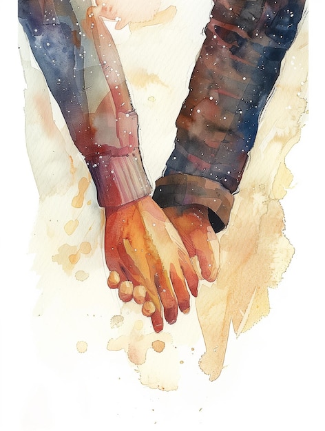 Photo a painting of two hands holding each other with a rainbow background the painting conveys a sense o