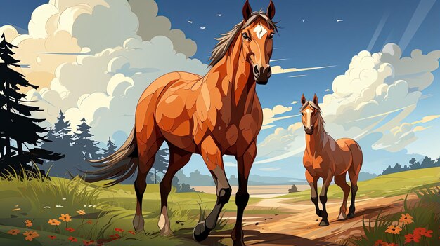 a painting of two horses on a farm with a sky background