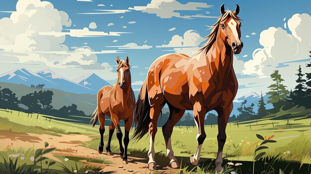 a painting of two horses in a field with mountains in the background