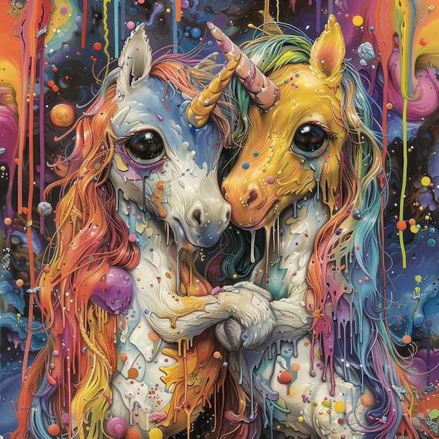 painting of two horses with colorful hair and a rainbow mane generative ai