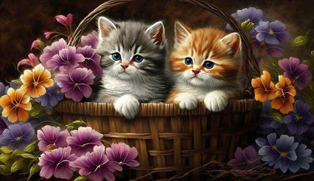 A painting of two kittens in a basket with flowers.