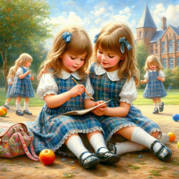 a painting of two little girls reading a book with the words little girls on it